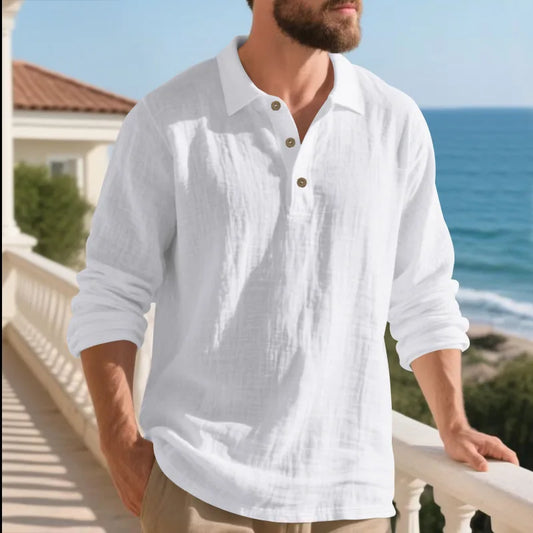 Linen shirt stand-up collar button-down men's loose casual breathable V-neck long-sleeved polo shirt