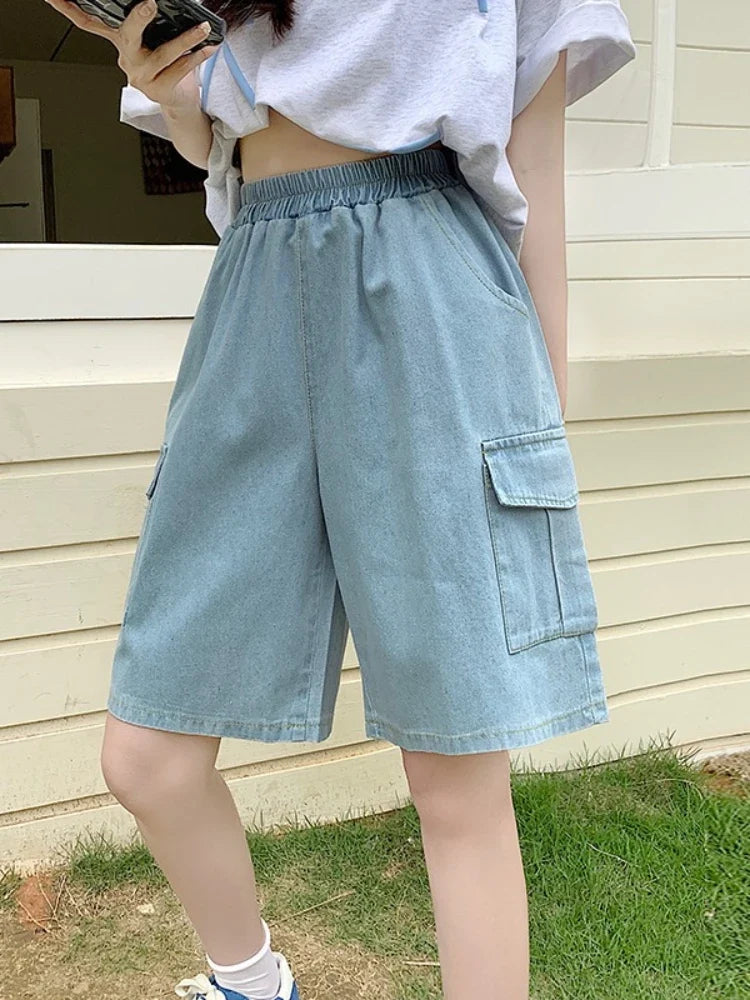 2026 Summer New Women's Denim Shorts Straight Trendy Loose Versatile Dad Shorts Thin Japanese Style Knee-length Pants