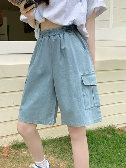 2026 Summer New Women's Denim Shorts Straight Trendy Loose Versatile Dad Shorts Thin Japanese Style Knee-length Pants
