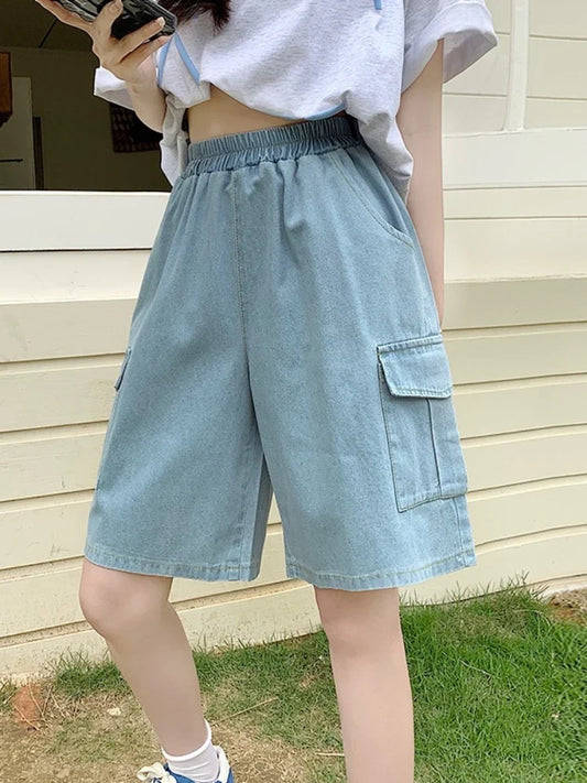 2026 Summer New Women's Denim Shorts Straight Trendy Loose Versatile Dad Shorts Thin Japanese Style Knee-length Pants