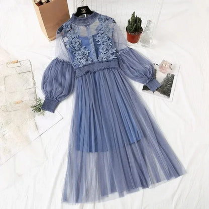 Lace Flower Mesh Summer Dress Women Lantern Sleeve White Casual Dresses Female Party Vintage Slim Women Dress 2 Piece Sets 12041