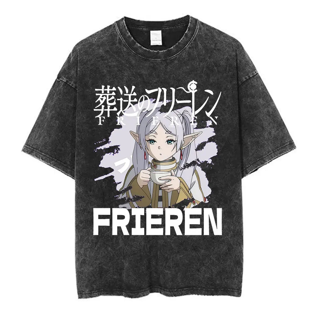 Anime Frieren: Beyond Journey's End Graphic Washed Vintage T-shirt Men's Women Fashion Short Sleeve Cotton Casual Loose T Shirts