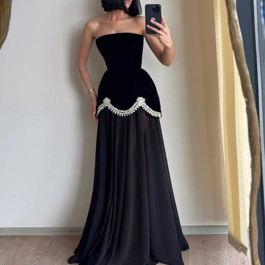 Customized Black Glitter Strapless Backless robes de soirée SleevelessA-line Party Dresses Floor-Length Prom Dress 2026