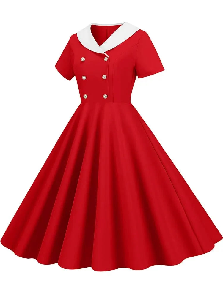 Summer Midi Dress Women Elegant Pink Vintage Party Sundress Casual Peter pan Collar Short Sleeve Dress