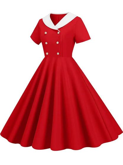Summer Midi Dress Women Elegant Pink Vintage Party Sundress Casual Peter pan Collar Short Sleeve Dress