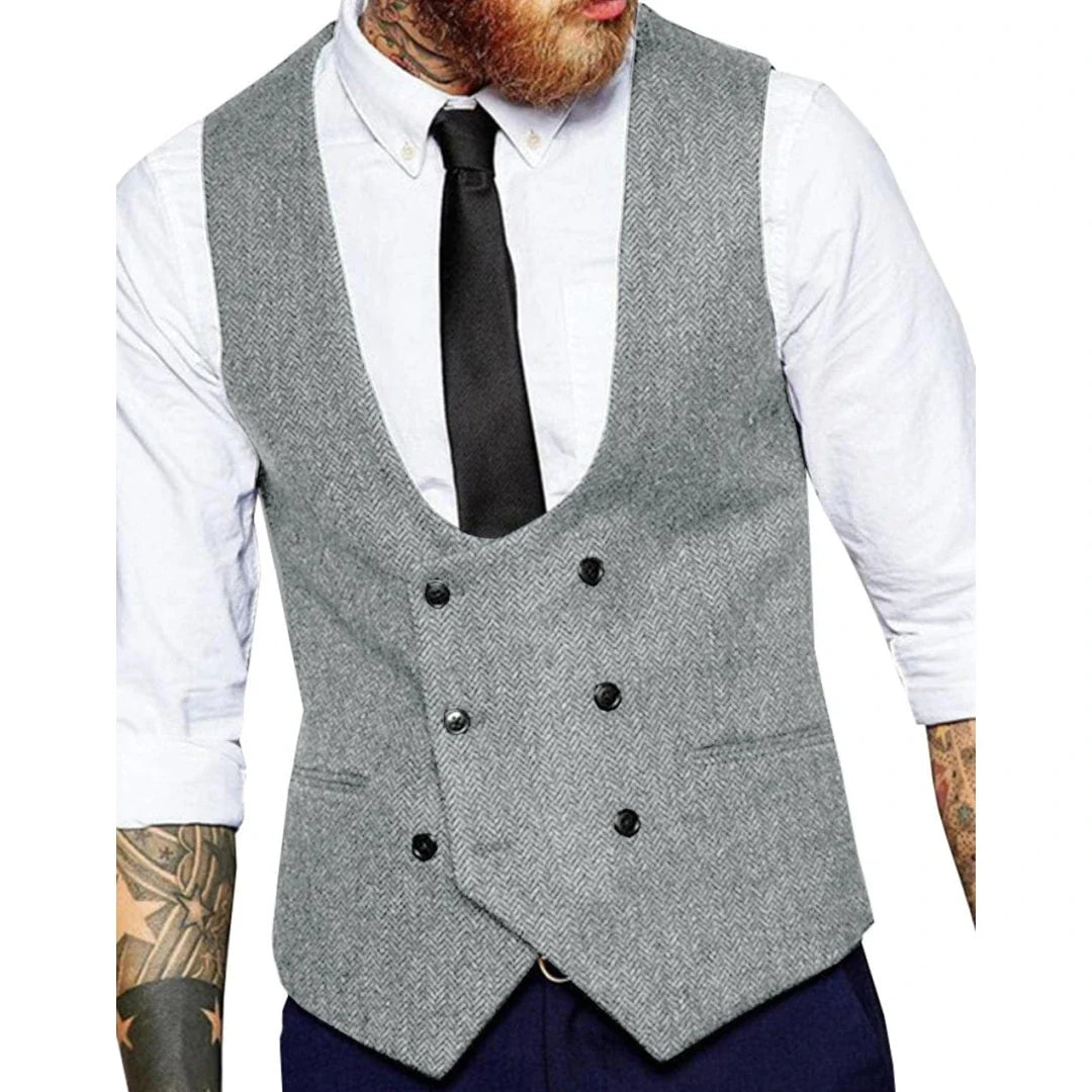 Men Vest Army Green Herringbone Solid Double Button Waistcoat For Wedding Banquet Business Work Casual Daily Men Suit Vest