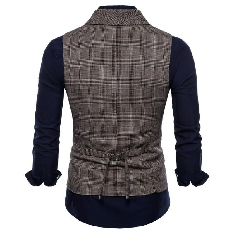 Men Vest Vintage Plaid Turn Down Collar Male Suit Vest Slim Double-breasted Sleeveless Business Casual Man Waistcoat