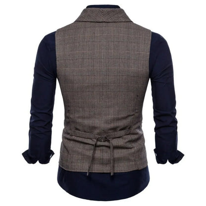 Men Vest Vintage Plaid Turn Down Collar Male Suit Vest Slim Double-breasted Sleeveless Business Casual Man Waistcoat