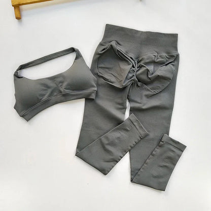 Sports Suit Women's Running 2PCS Set Seamless Yoga Thin Straps Beautiful Back Fitness Bras Gym High-waisted Peach Leggings Sets
