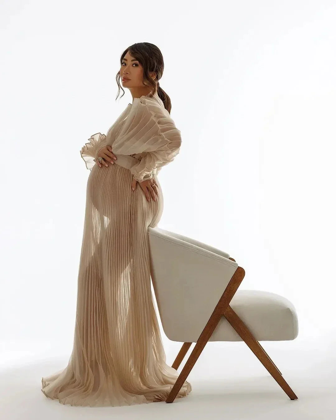 2026 Fashion Sheer Pleated Organza Maternity Dresses for Photoshoot Long Dress for Maternity Shoot Baby Shower Dresses YEWEN