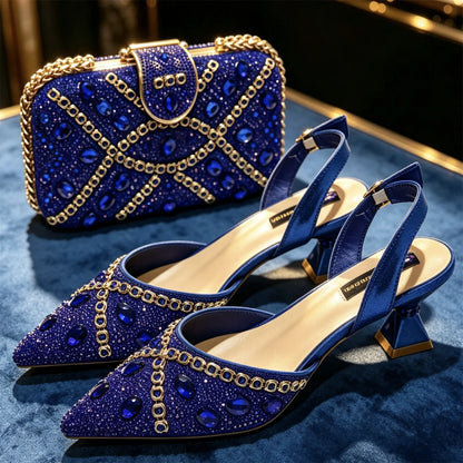 2026 Nigerian Women Heel Ladies Italian Luxury Design Green Shoes And Bag Set Decorated with Rhinestone Handbag Wedding Party