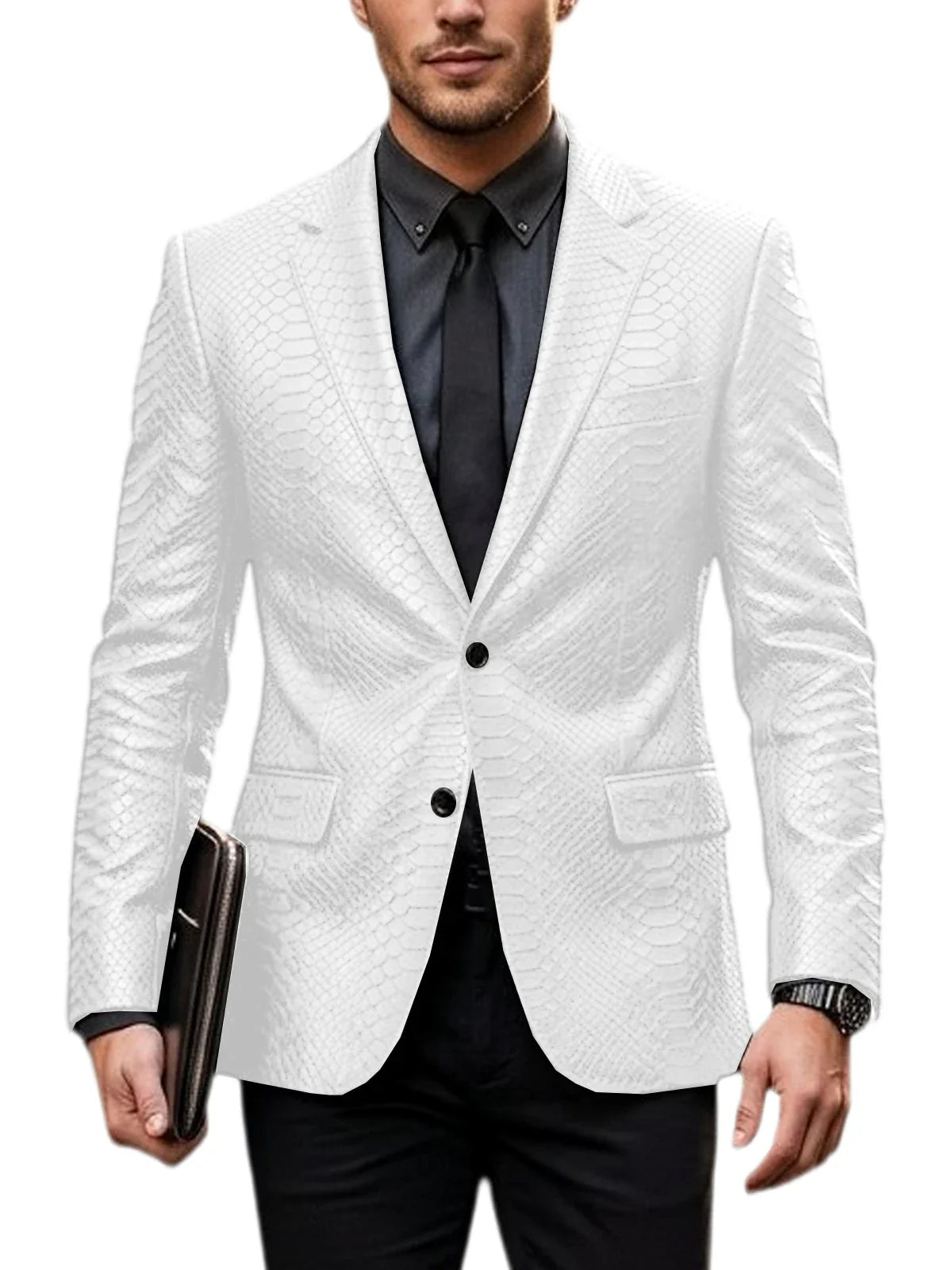 Men's Luxury Crocodile Pattern Leather Blazer Slim Fit Two Button Notch Lapel Suit Jacket Business Casual Wedding Tuxedo Dress