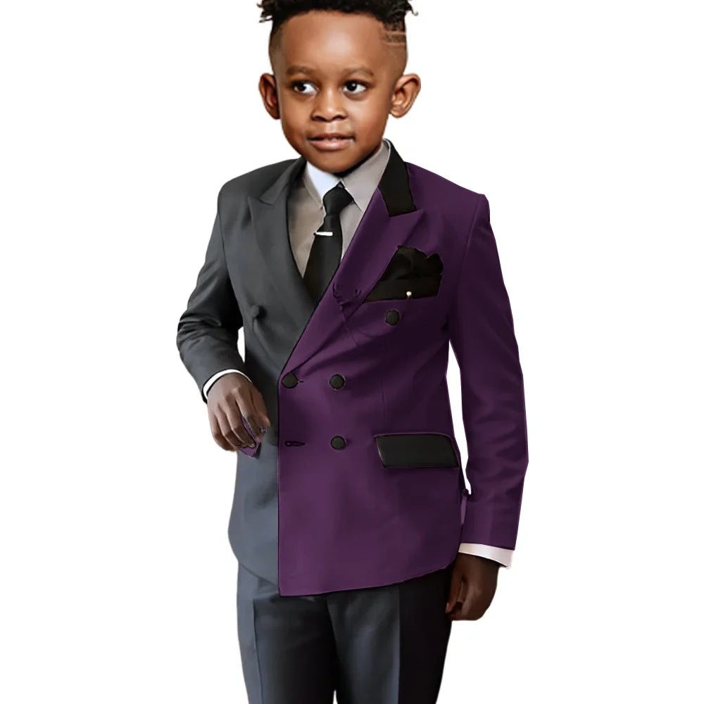 Fashionable Colour-blocked Boys Suits 2 Pieces Piano Performance Wear,Double Breasted Kids Tuxedo Sets Wedding Party Outfit