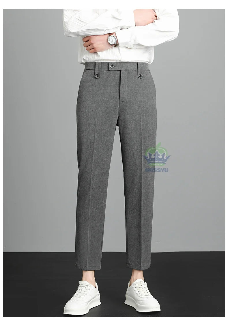 Brand High Quality Business Suit Ankle Length Pants Men Grey Khaki Waist Design Work Office Formal Long Trousers Male