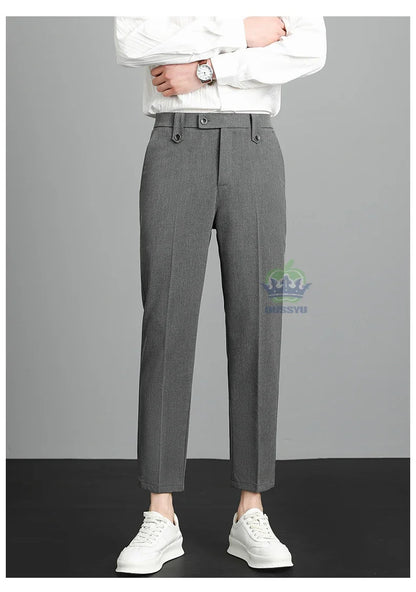 Brand High Quality Business Suit Ankle Length Pants Men Grey Khaki Waist Design Work Office Formal Long Trousers Male