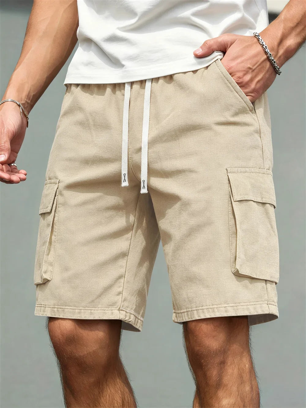 Men's Loose Polyester Straight-Leg Pants, Casual Multi-Pocket Work Shorts, High-End Men's Shorts, Drawstring Daily Work Shorts