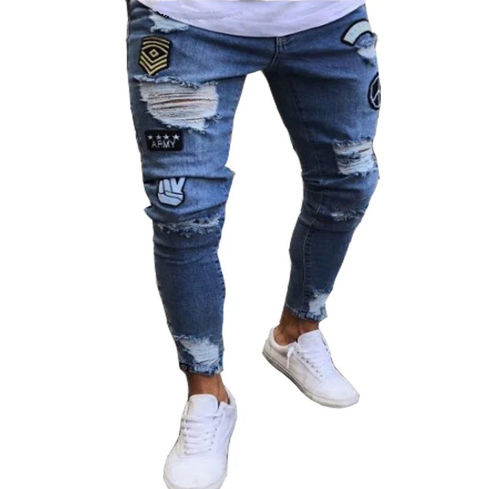 White Embroidery Skinny Ripped Jeans Men Cotton Stretchy Hole Slim Fit Hip Hop Denim Pants Casual Jeans for Men Jogging Trousers