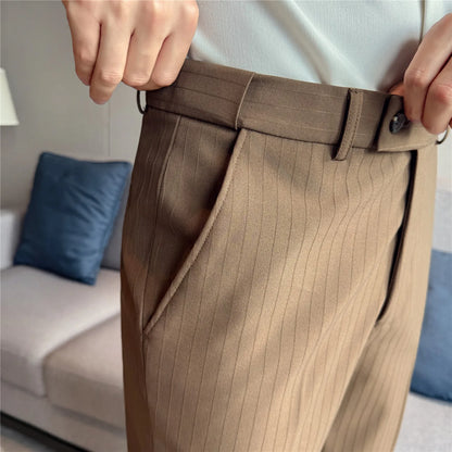 Autumn Winter Thick Suit Pants Men Elastic Waist Business Classic Straight Striped Formal Pants High Quality Slim Fit Trousers