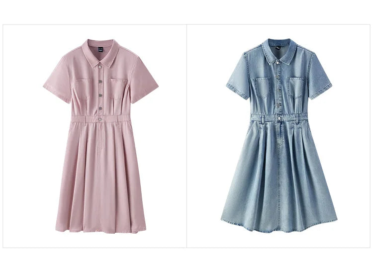 Denim Dress Women Waist Defining Button Down 2025 Summer New Cooling Midi Dress Casual Chic