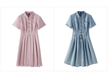 Denim Dress Women Waist Defining Button Down 2025 Summer New Cooling Midi Dress Casual Chic
