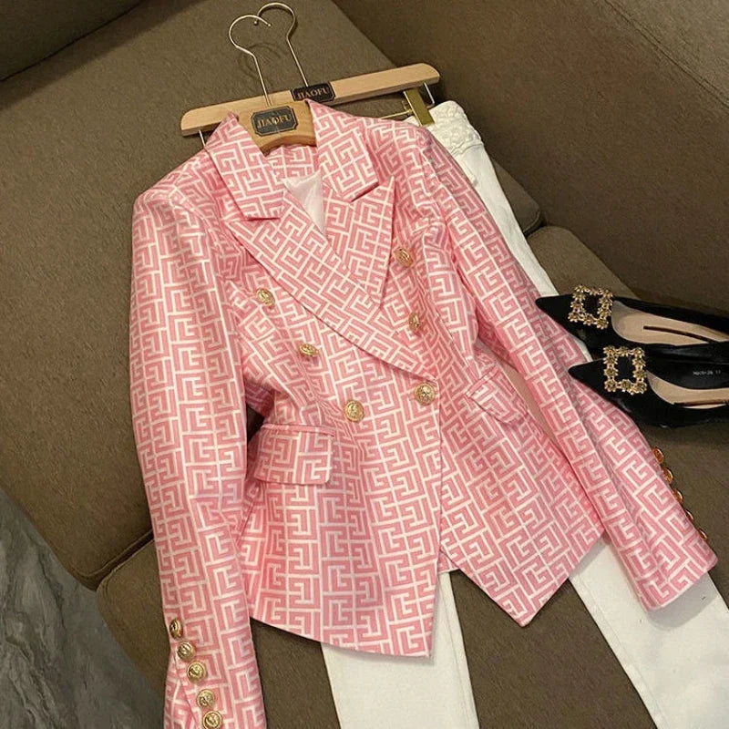 Spring High-end Fashion Women's Elegant Mid To Long Suit Jacket with Collar Print Design and Double Breasted Versatile Jacket