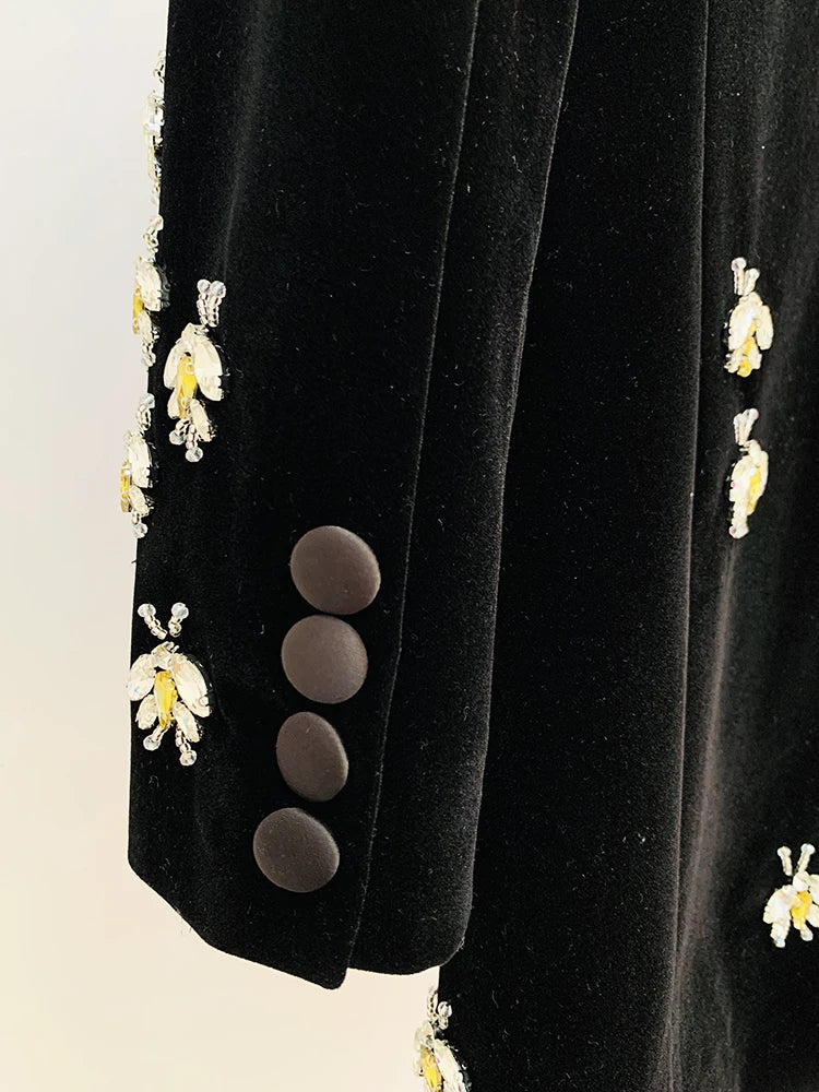 HIGH STREET Newest 2026 F/W Designer Jacket Women's Single Button Stunning Rhinestone Diamonds Beaded Bee Velvet Long Blazer