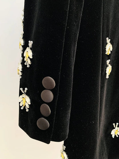 HIGH STREET Newest 2026 F/W Designer Jacket Women's Single Button Stunning Rhinestone Diamonds Beaded Bee Velvet Long Blazer