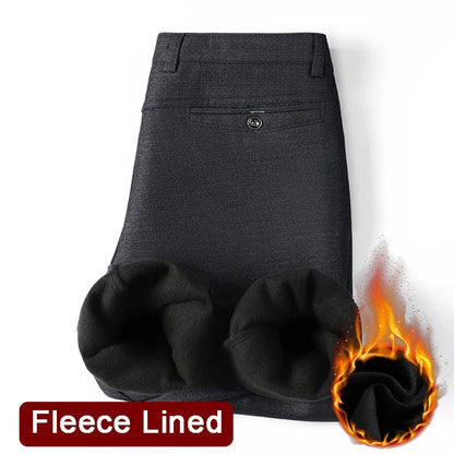 Men's Fleece Lined Suit Pants Business Casual Loose Straight Black Formal Dress Pants Navy Blue Thick Warm Trousers
