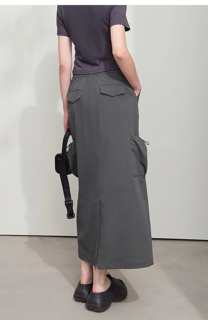 Minimalist Women Clothing Skirt 2025 Autumn New Casual Loose Multi-pocket Drawstring Elastic Waist Long Skirt 12522020