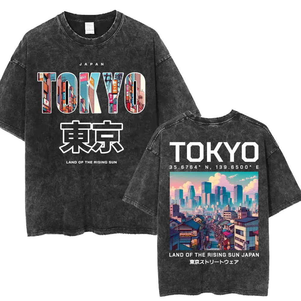 Japanese Tokyo Tokyo Culture Print Washed T Shirt Funny Fashion Vintage Men Women T-shirts Cotton Casual Loose Tees Streetwear