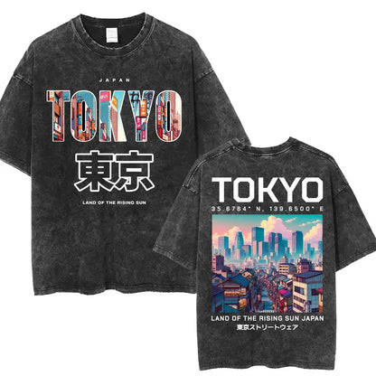 Japanese Tokyo Tokyo Culture Print Washed T Shirt Funny Fashion Vintage Men Women T-shirts Cotton Casual Loose Tees Streetwear