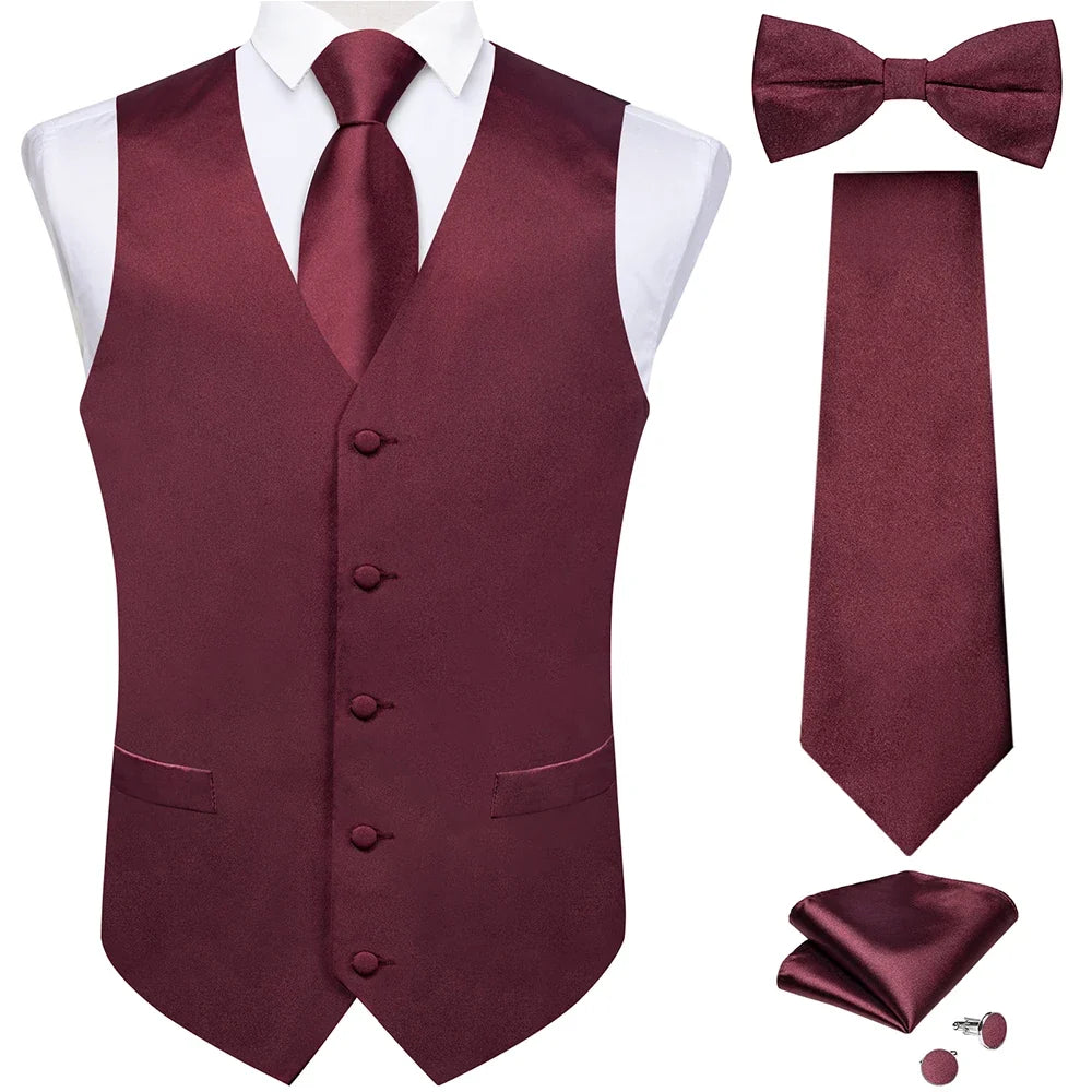 Black Satin Solid Suit Vest with Tie and Pre-tied Bow Tie Set Purple Blue Sage Green Wedding Party Men's Waistcoat DiBanGu