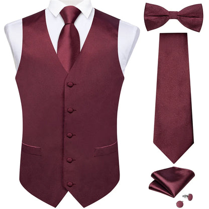 Black Satin Solid Suit Vest with Tie and Pre-tied Bow Tie Set Purple Blue Sage Green Wedding Party Men's Waistcoat DiBanGu