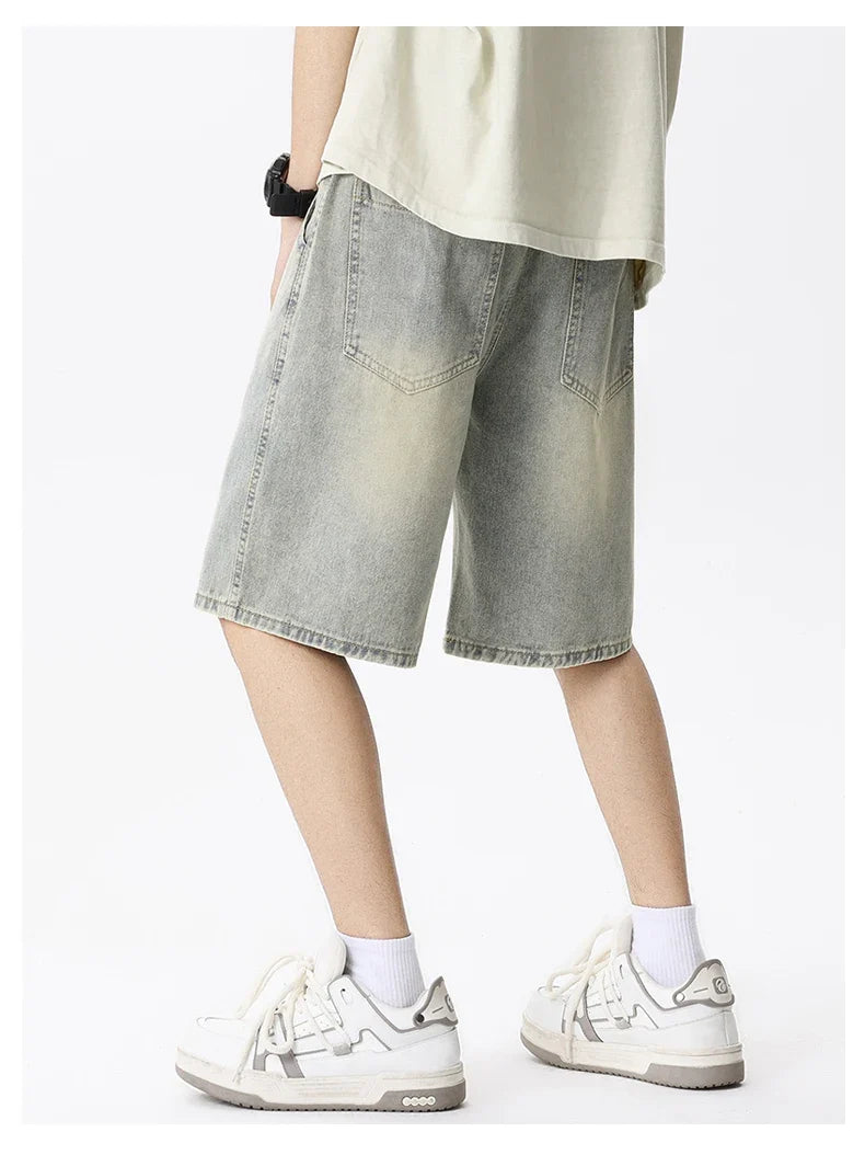Casual Denim Shorts Men Elastic Waist Straight Comfortable Light Blue Soft Short Pants Baggy Wide Bermuda Male Jeans
