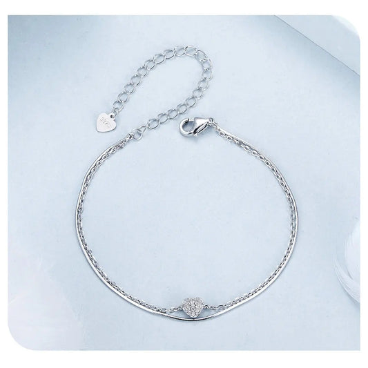 Bracelet double couche en argent sterling 925 avec cœur étincelant pour femme, chaîne ajustable, cadeau de bijoux fins