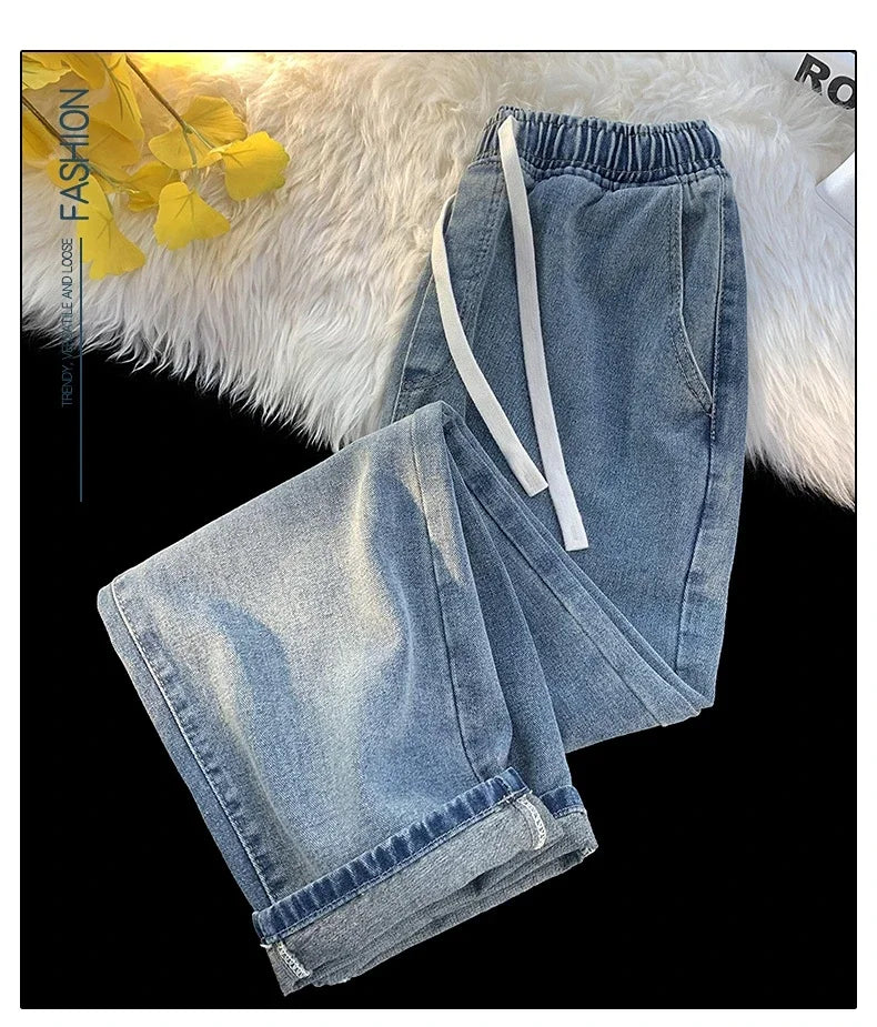 Casual Jeans Men's Baggy Straight Elastic Waist Drawstring Korea Fashion Male Vintage Denim Trousers Streetwear 3XL