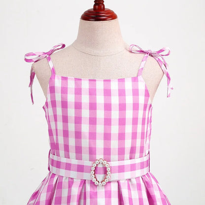 2025 Summer Beach Baby Girl Pink Cute Sleeveless Plaid Slim Strap Dress For Girl Cowboy Look Stripe Dress Set With Belt