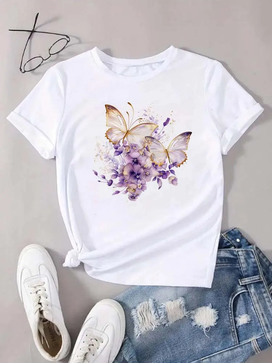 Purple Floral Butterfly Printed Women T Shirt New White T Shirt Harajuku Casual Cute Graphic Tee Shirt Female