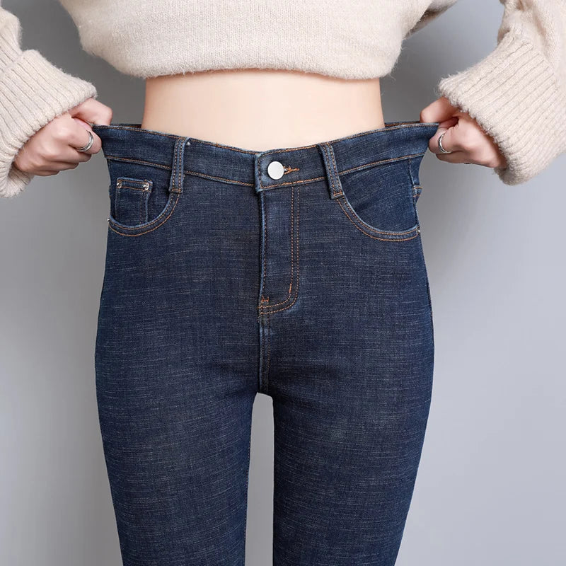2023 Fashion Women Stretch High Waist Pencil Pants Casual Female Velvet Jeans High Quality Fleece Mom Jeans Thick Plush Pants