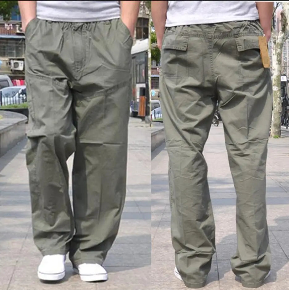 Spring Men cargo cotton pants pocket large size big 8XL 10XL 9XL 140KG loose out door casual safari style pants black 46 48 50