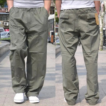 Spring Men cargo cotton pants pocket large size big 8XL 10XL 9XL 140KG loose out door casual safari style pants black 46 48 50