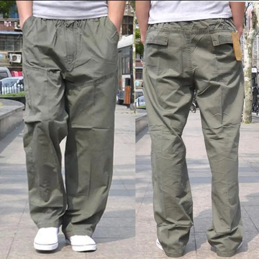 Spring Men cargo cotton pants pocket large size big 8XL 10XL 9XL 140KG loose out door casual safari style pants black 46 48 50