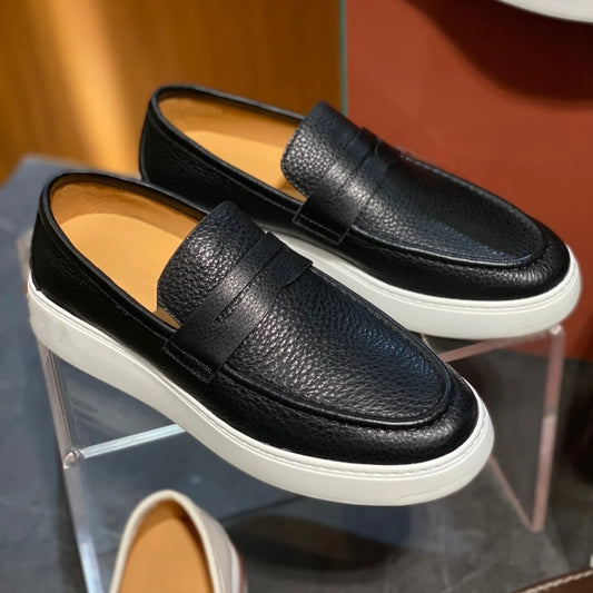 2026 New Men Genuine Grain Leather Penny Loafers Slip On Platform Non Slip Soft Sole Business Casual Driving Daily Walking Shoes