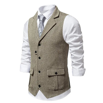 Tailored Collar Vest for Men Single Breasted Herringbone Tweed Suit Vest Mens Formal Striped Waistcoat Punk Groomsmen Wedding