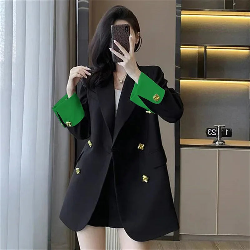 Black Casual Commuter Loose Fit Premium Suit Jacket Spring Autumn New Style Korean Version Fashionable Polyester Fiber Full Slee
