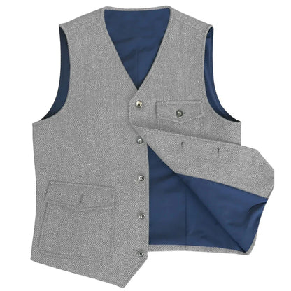 Men Vest Dark Green Herringbone Single Button V Neck Pocket Waistcoat For Wedding Party Business Work Daily Casual Men Suit Vest