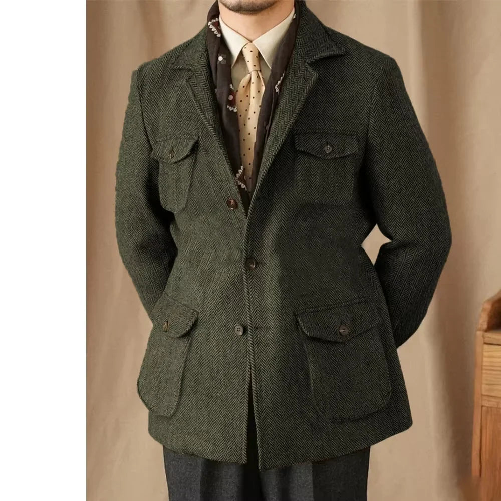 Hunting Multi-pocket Suit Jacket British Men's Retro Sport Coat With Belt Herringbone Business Causal Lapel Suit Blazers Tuxedos