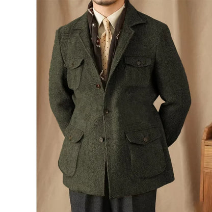 Hunting Multi-pocket Suit Jacket British Men's Retro Sport Coat With Belt Herringbone Business Causal Lapel Suit Blazers Tuxedos