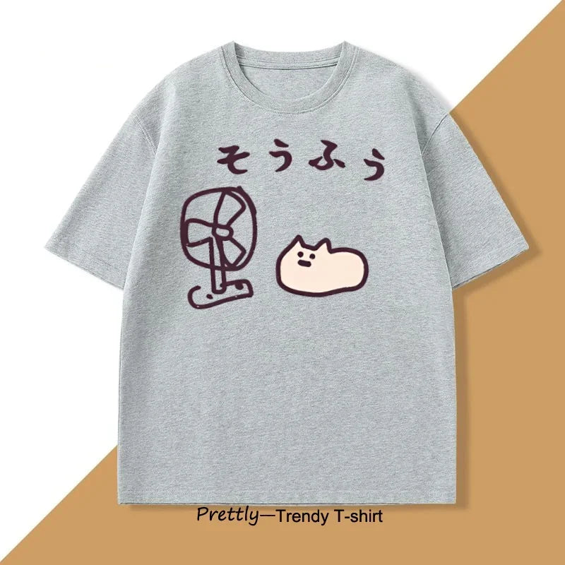 Cool Japanese Style Fan Cat T-shirt Women Funny Short Sleeve Tshirt Graphic T Shirts Summer Streetwear Pritned Tees