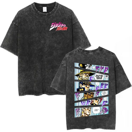 Vintage Washed Anime Jojo Bizarre Adventure T-shirt Giorno Giovanna Manga Graphic T-shirts Men's Clothing Cotton Casual T shirts